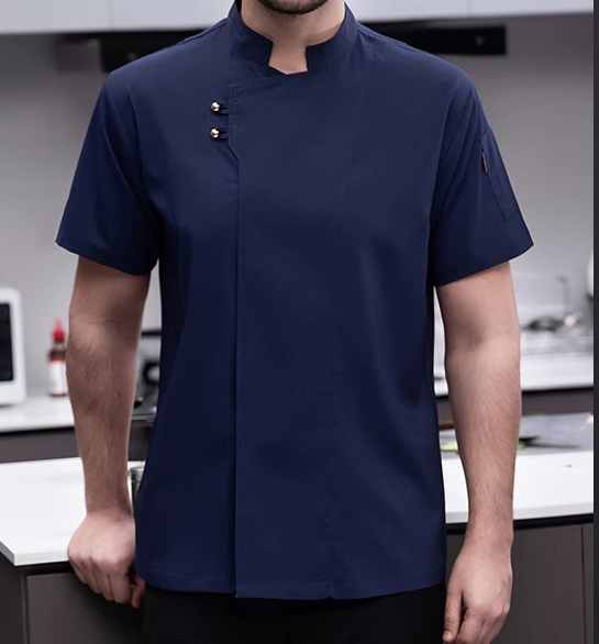藍色斜雙釦短袖廚師服