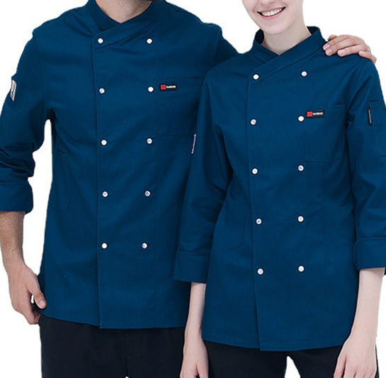 新款藍色長袖雙排釦廚師服
