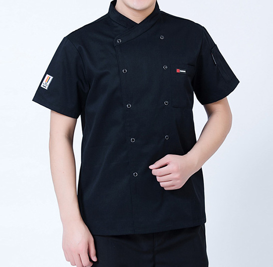 新款黑色短袖雙排釦廚師服